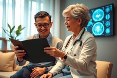 Doctor examines patient's scan on a tablet. Healthcare professional discusses results in a modern office setting. Bright and professional, showcasing medical consultation.