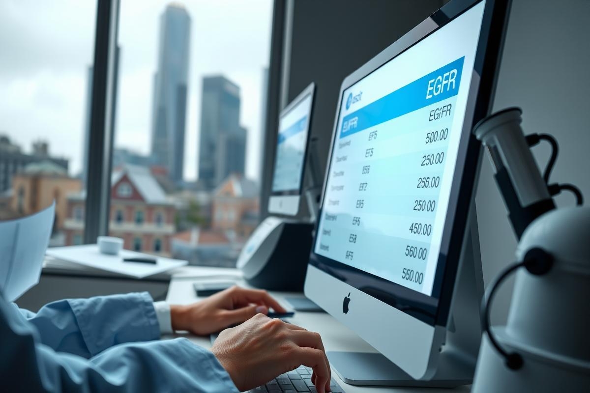 The image depicts a person working at a computer desk, which is situated near large windows offering a view of a city skyline. The person appears to be focused on the monitor screen that displays financial data with various charts and graphs.