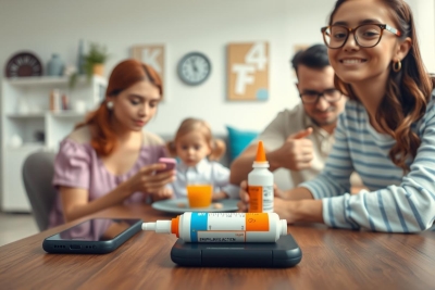 This image features a family gathered around a table in what appears to be a home setting. The people are engaged in an activity, possibly related to technology or medicine, as evidenced by the cell phone and the small device with medical equipment on it. 