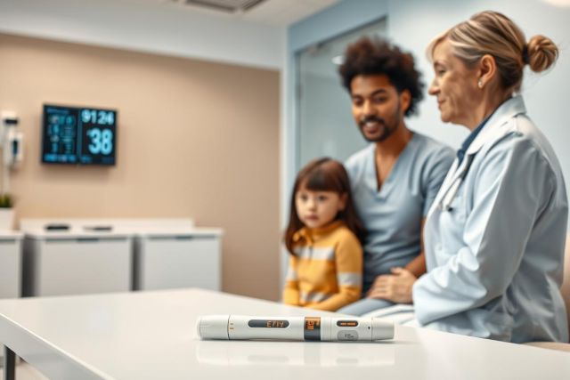 Doctor consults with a family in a medical clinic. A child and parent listen attentively as the doctor speaks. A diabetes pen rests on a counter with medical equipment in the background, suggesting diabetes management and healthcare services.
