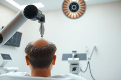 Close-up of a patient undergoing a medical procedure, likely eye surgery, in a sterile operating room. Focused on the patient's eye with surgical equipment visible. Medical, healthcare, surgery, ophthalmology.