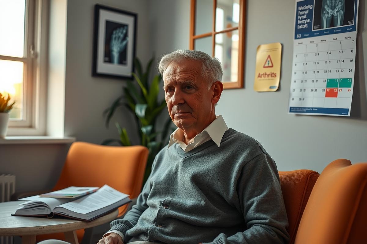 In the center of a cozy living room, an older man is seated comfortably on a vibrant orange armchair. He's dressed in a soft gray sweater, his eyes reflecting deep thought as he gazes off to the side. His position suggests a quiet moment of contemplation or perhaps daydreaming. The armchair is not just any ordinary piece of furniture, it's a statement piece with its bright orange hue standing out against the more muted colors of the room. Behind him, a wall adorned with a calendar and several plants adds to the homely atmosphere. On the armchair, next to his left hand, lies a book - perhaps a favorite read or a source of inspiration for our thoughtful friend. The scene is one of tranquility and introspection, a snapshot of life's quiet moments.