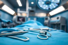 Surgical instruments on a blue operating table in a modern operating room. Bright overhead lights and medical equipment create a sterile environment. Focus on stainless steel tools with a blurred background of monitors and machinery. Healthcare, surgery, and medical theme.