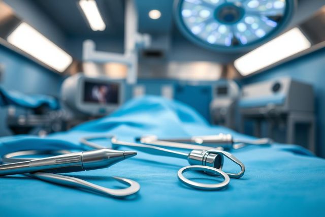 Surgical instruments on a blue operating table in a modern operating room. Bright overhead lights and medical equipment create a sterile environment. Focus on stainless steel tools with a blurred background of monitors and machinery. Healthcare, surgery, and medical theme.