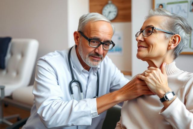 A doctor examines a patient during a check-up. The scene shows a medical professional in a white coat, stethoscope around his neck, interacting with an elderly woman in a brightly lit office. Focus on healthcare and patient care.