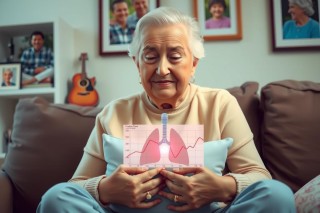 The image depicts an elderly woman seated in a living room, holding a tablet displaying medical data on heart function. The environment includes typical household items such as framed photos and musical instruments like guitars. The woman appears to be engaged with the content on the tablet, possibly regarding her health status.