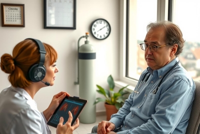 A man sits patiently in a chair while being checked by a medical professional wearing headphones. The woman is holding an iPad with information displayed on it, likely reviewing his health data or discussing treatment options. 