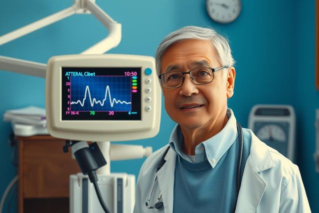 The image shows a middle-aged Asian man in a medical setting. He is wearing glasses and a white lab coat, suggesting he may be a doctor or medical professional.