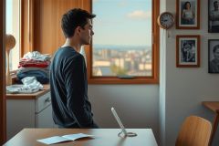 The image depicts a young man standing in front of an open window with city views. He is dressed casually and appears to be deep in thought or lost in the view outside. The room features a well-lit atmosphere, likely due to natural light coming from the window. 