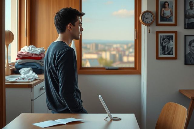 The image depicts a young man standing in front of an open window with city views. He is dressed casually and appears to be deep in thought or lost in the view outside. The room features a well-lit atmosphere, likely due to natural light coming from the window. 