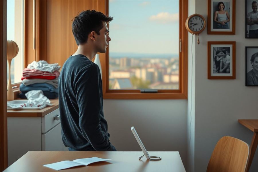 The image depicts a young man standing in front of an open window with city views. He is dressed casually and appears to be deep in thought or lost in the view outside. The room features a well-lit atmosphere, likely due to natural light coming from the window. 