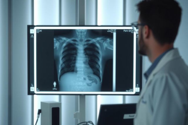 Radiologist examining chest X-ray. Medical professional reviewing diagnostic image in a healthcare setting. Focus on lung assessment and medical diagnosis.