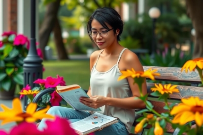 A woman sitting on a bench reading a book. The environment is vibrant with colorful flowers blooming in the background, creating a serene and relaxed atmosphere.