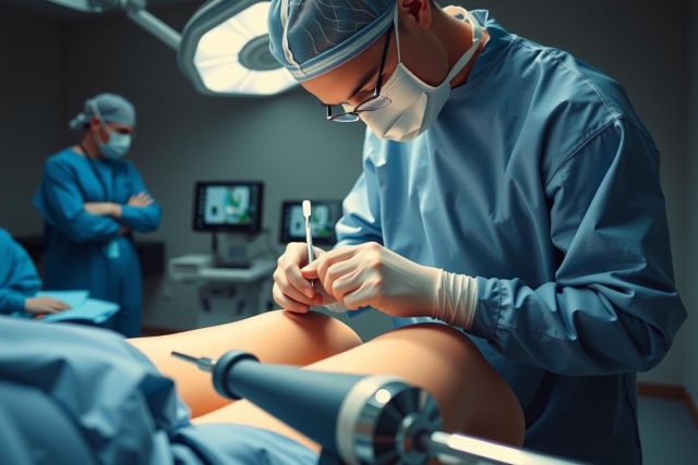 Surgeon performing knee surgery in an operating room. Focused close-up shows the procedure with medical tools. Sterile environment with a surgical team present.