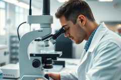 Scientist using a microscope in a modern laboratory setting. The image features a man in a white lab coat focused on examining a sample under the microscope, showcasing scientific research and analysis in a bright, clean environment.