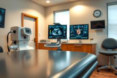 Ultrasound machine and screen displaying a fetal image in a medical office setting. Focus on prenatal care and diagnostics. Warm lighting and wood furniture create a professional environment.