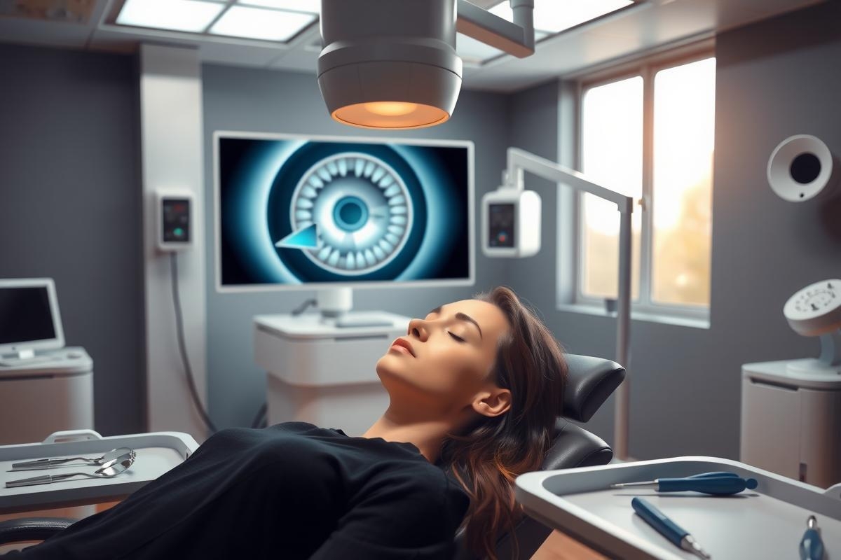 The image shows a woman lying down in what appears to be a modern medical facility. The room is equipped with advanced medical technology, including an MRI machine and a medical monitor displaying heart rate data. There's also a virtual reality headset and the interior design suggests a clean, high-tech environment. The woman seems relaxed as she undergoes some sort of procedure or imaging test.