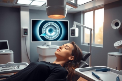 The image shows a woman lying down in what appears to be a modern medical facility. The room is equipped with advanced medical technology, including an MRI machine and a medical monitor displaying heart rate data. There's also a virtual reality headset and the interior design suggests a clean, high-tech environment. The woman seems relaxed as she undergoes some sort of procedure or imaging test.