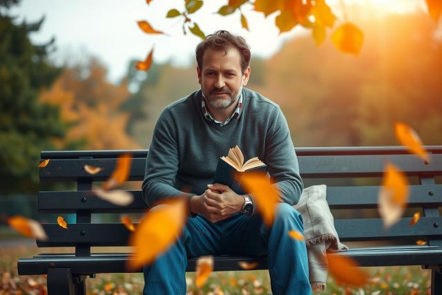 The image features a middle-aged man sitting on a park bench, engrossed in reading a book. The autumn season is evoked by the surrounding foliage with leaves scattered around him, suggesting a tranquil and peaceful atmosphere. The man appears to be deeply absorbed in his reading, possibly enjoying a quiet moment of reflection or escape into the pages of his chosen literature.