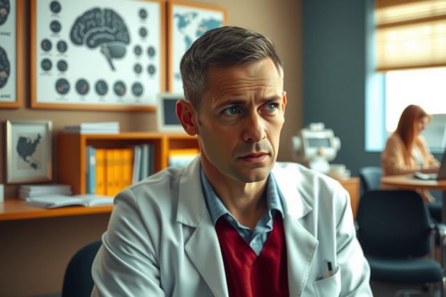 In the image, a man in a white lab coat is seated at a desk inside an office setting. He appears focused on something out of frame. The office environment includes bookshelves filled with books and diagrams related to scientific research or medicine, suggesting that this could be a medical researcher's office. 