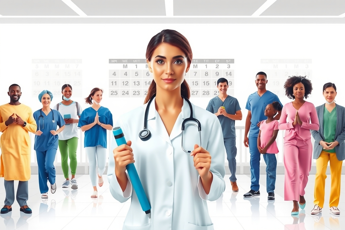 This image captures a lively scene in a classroom setting. At the forefront, we see a woman dressed in a white lab coat, holding a blue stethoscope and wearing a name tag that reads 'Nurse'. She is surrounded by a group of individuals, all of whom are clad in scrubs of various colors including pink, green, and blue. They are standing around her in an arrangement that suggests they are engaged in some sort of activity or discussion with her. The background of the image reveals a calendar hanging on the wall, indicating the educational nature of the setting. A window can also be seen, providing natural light to illuminate the scene. The overall atmosphere appears to be one of learning and collaboration among healthcare professionals.