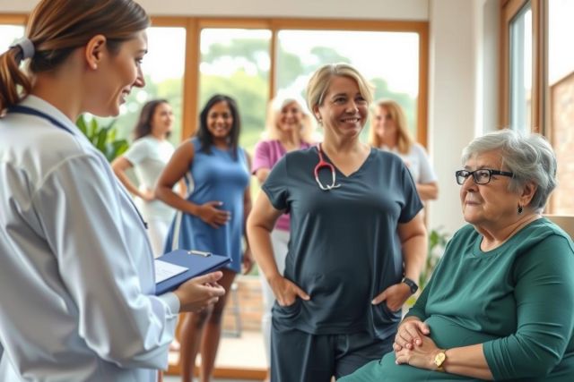 The image depicts a medical professional, possibly a nurse or doctor, interacting with an elderly patient in what appears to be a home healthcare setting. The scene has a warm and attentive atmosphere, with the focus on compassionate care.