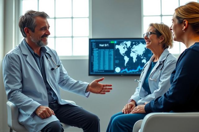 Doctors discussing in a modern medical office. Three healthcare professionals are seated, engaged in a conversation with a world map displayed on a screen in the background. The scene portrays a professional medical setting.