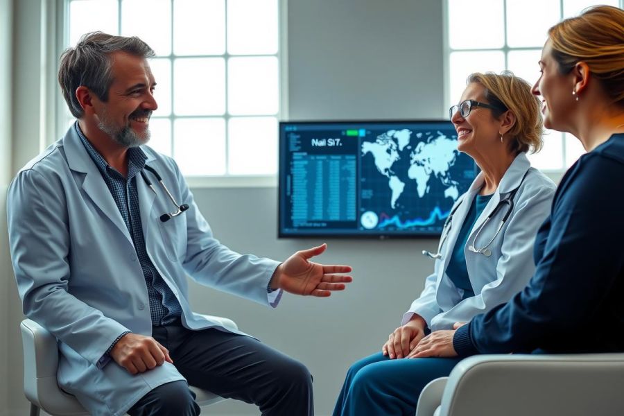 Doctors discussing in a modern medical office. Three healthcare professionals are seated, engaged in a conversation with a world map displayed on a screen in the background. The scene portrays a professional medical setting.