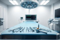 Surgical instruments laid out on a blue operating table in a bright, sterile operating room. Medical equipment and overhead lights create a clinical environment. Focus on surgical tools, blue and white tones, and healthcare setting.