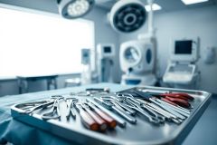Surgical instruments laid out on a sterile tray in an operating room. The scene features bright overhead lights, medical equipment, and a blurred blue background, conveying a clinical and professional healthcare setting. Focus on surgical tools.