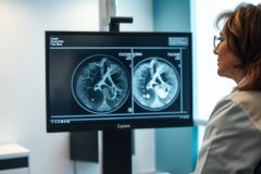Medical professional examining kidney CT scans on a monitor in a clinical setting. The image displays grayscale cross-sections of kidneys, highlighting calcium scoring. A woman with glasses is viewing the diagnostic imagery, suggesting healthcare and medical imaging analysis.