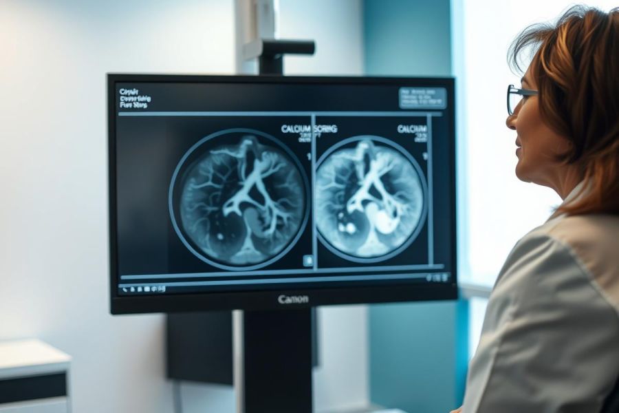 Medical professional examining kidney CT scans on a monitor in a clinical setting. The image displays grayscale cross-sections of kidneys, highlighting calcium scoring. A woman with glasses is viewing the diagnostic imagery, suggesting healthcare and medical imaging analysis.