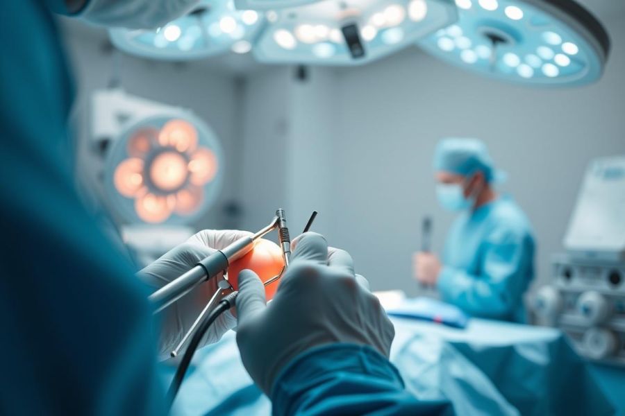 Surgical procedure in a modern operating room. Gloved hands using surgical instruments on an orange anatomical model under bright blue lights. Healthcare professionals in scrubs and masks are visible in the background. Medical training and surgery concept.