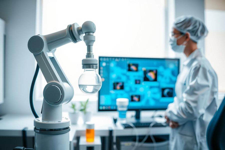 Scientist in a lab coat and mask works at a computer in a modern research facility. Focus on medical research and analysis in a clean, white environment. 