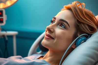 Woman in medical setting with headphones, lying down on hospital bed, smiling and wearing earbuds. Clinical environment, possibly during a healthcare treatment or examination.