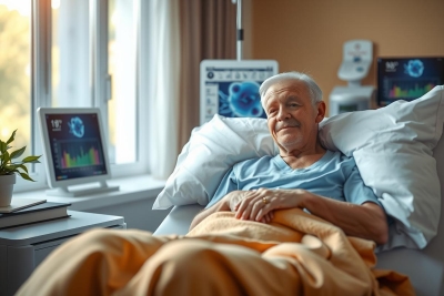 The image features an elderly man in a hospital bed. He has grey hair and is wearing a medical gown. A window with blinds open allows natural light into the room, highlighting the man's face. Medical equipment such as a ventilator is visible nearby. The environment suggests a calm and well-lit hospital setting.