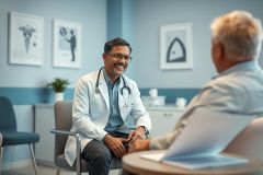 Doctor consults with a patient in a bright, modern medical office. The image showcases a friendly doctor in a white coat and stethoscope engaging with an elderly man, promoting healthcare and wellness. Blue and white tones create a calming atmosphere.