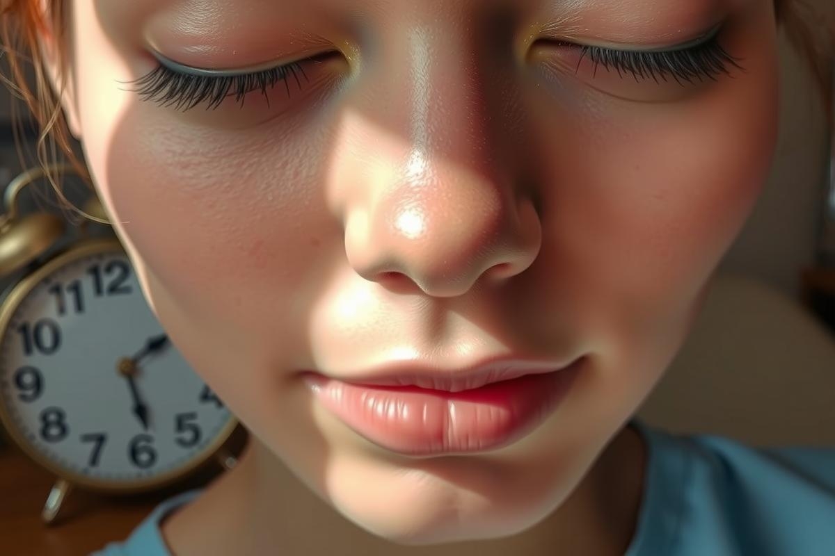 The image features a close-up of a woman's face with her eyes closed, appearing serene or asleep. Her lips are slightly parted and she has rosy cheeks, suggesting warmth or sun exposure. The environment is brightly lit from the left side, casting shadows on her face and creating a gentle contrast. The background is soft-focused, but appears to be an indoor space with domestic items like a clock and possibly a window with sunlight filtering through.