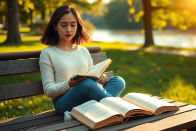 In the image, a young woman is sitting on a park bench engrossed in reading. She has three books open before her, suggesting she might be multitasking or studying. The park around her appears to be serene and well-maintained with lush green grass and trees. The sunlight filtering through the foliage creates a warm and inviting atmosphere.