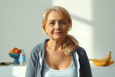 The image depicts a woman seated at a table, appearing to be in the midst of an interview or a casual conversation. She has blonde hair tied back and is wearing a gray sweatshirt over a tank top.