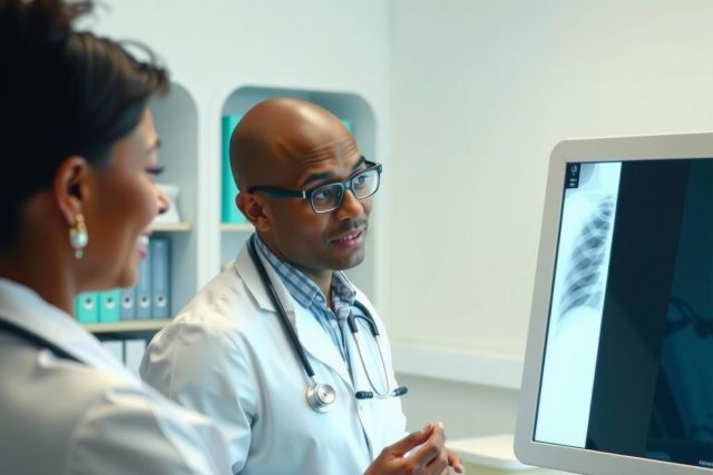 Two doctors reviewing an X-ray on a computer monitor in a clinical setting. The image shows a male doctor in a white coat and a female doctor, suggesting a medical consultation or diagnosis.