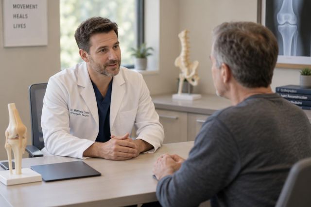 Orthopedic surgeon consulting a middle-aged patient in a calm clinic office, knee models visible.