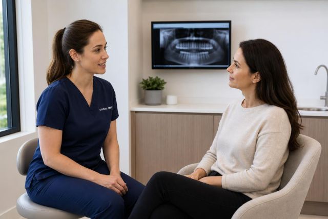 Dental clinician consulting with patient in exam room, dental X-ray visible on monitor.