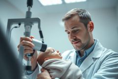 Doctor examines a baby's eyes in a clinical setting. The image depicts a healthcare professional in a white coat using an ophthalmic instrument on an infant. Cool blue and gray tones dominate the scene, highlighting a focus on pediatric eye care and medical examination.