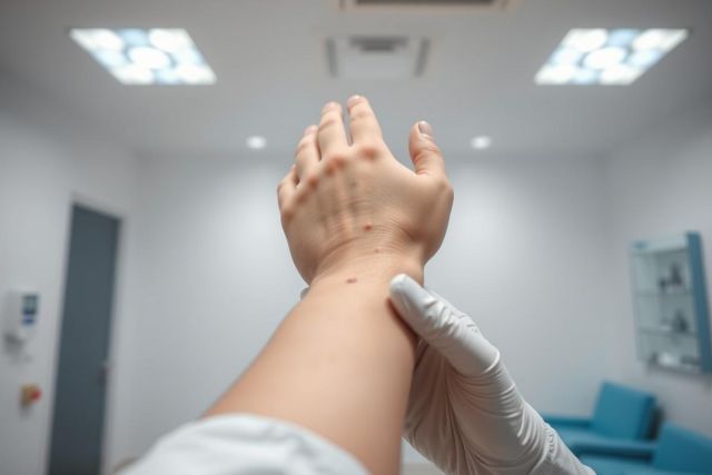 Dermatologist examining skin on arm with gloved hand. Close-up showing moles and skin texture in a medical clinic setting. Blue and white color scheme. Healthcare, skin check, and mole examination concept.