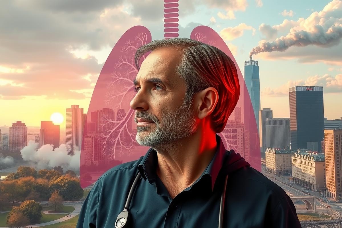 The image features a middle-aged man with a beard and graying hair, wearing glasses and a medical coat, suggesting he is a doctor. The X-ray style graphic overlaid on his body highlights the human respiratory system in red against a background of a city skyline during sunset.