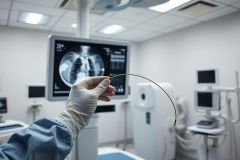 Medical procedure in a modern hospital. A gloved hand holds a catheter in front of an X-ray image of a chest. Sterile environment with diagnostic equipment and monitors. Healthcare, radiology, and medical technology concepts.
