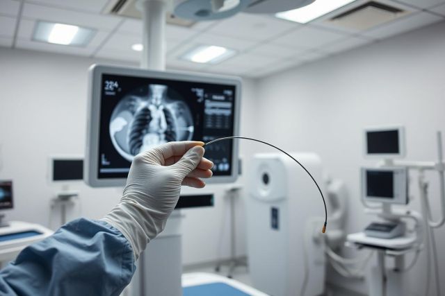 Medical procedure in a modern hospital. A gloved hand holds a catheter in front of an X-ray image of a chest. Sterile environment with diagnostic equipment and monitors. Healthcare, radiology, and medical technology concepts.
