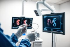 Medical procedure image showing a doctor in blue scrubs holding a stent. Two monitors display vascular scans with red and blue imagery. Sterile environment, likely an angiography suite. Focus on interventional cardiology and medical technology.