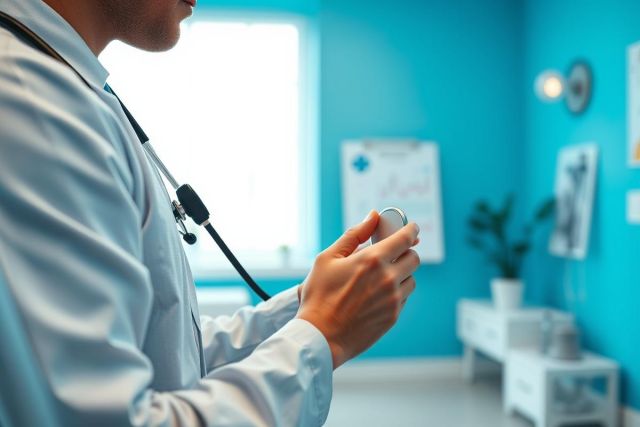 Doctor in white coat holding a stethoscope in a bright blue medical office. Healthcare professional examining patient, focus on medical equipment and clinical setting. Modern clinic interior, professional medical care.